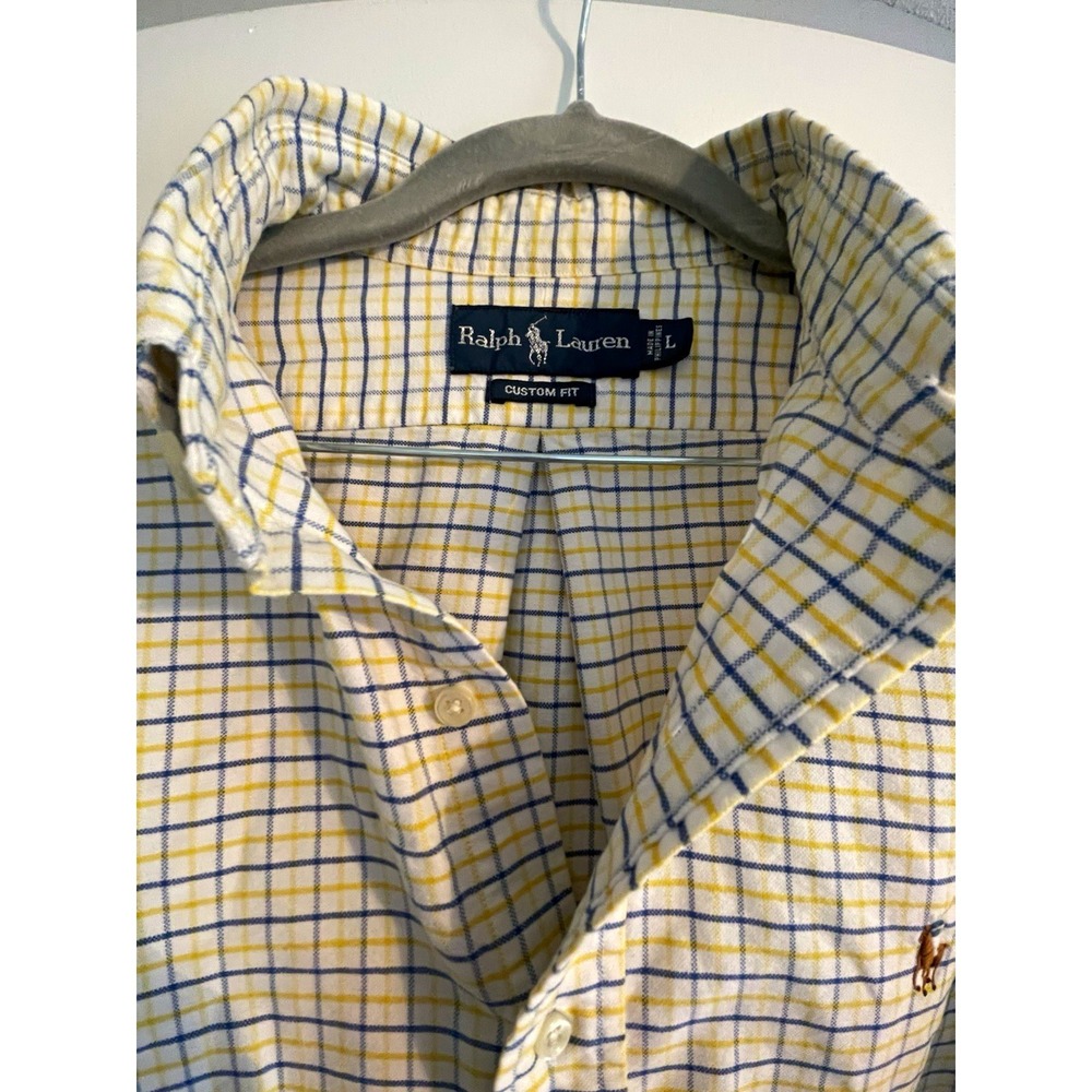 Ralph Lauren Custom Fit Mens L White Blue Yellow Check Button Down Shirt L/S